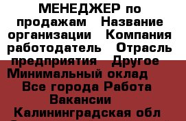 МЕНЕДЖЕР по продажам › Название организации ­ Компания-работодатель › Отрасль предприятия ­ Другое › Минимальный оклад ­ 1 - Все города Работа » Вакансии   . Калининградская обл.,Светловский городской округ 